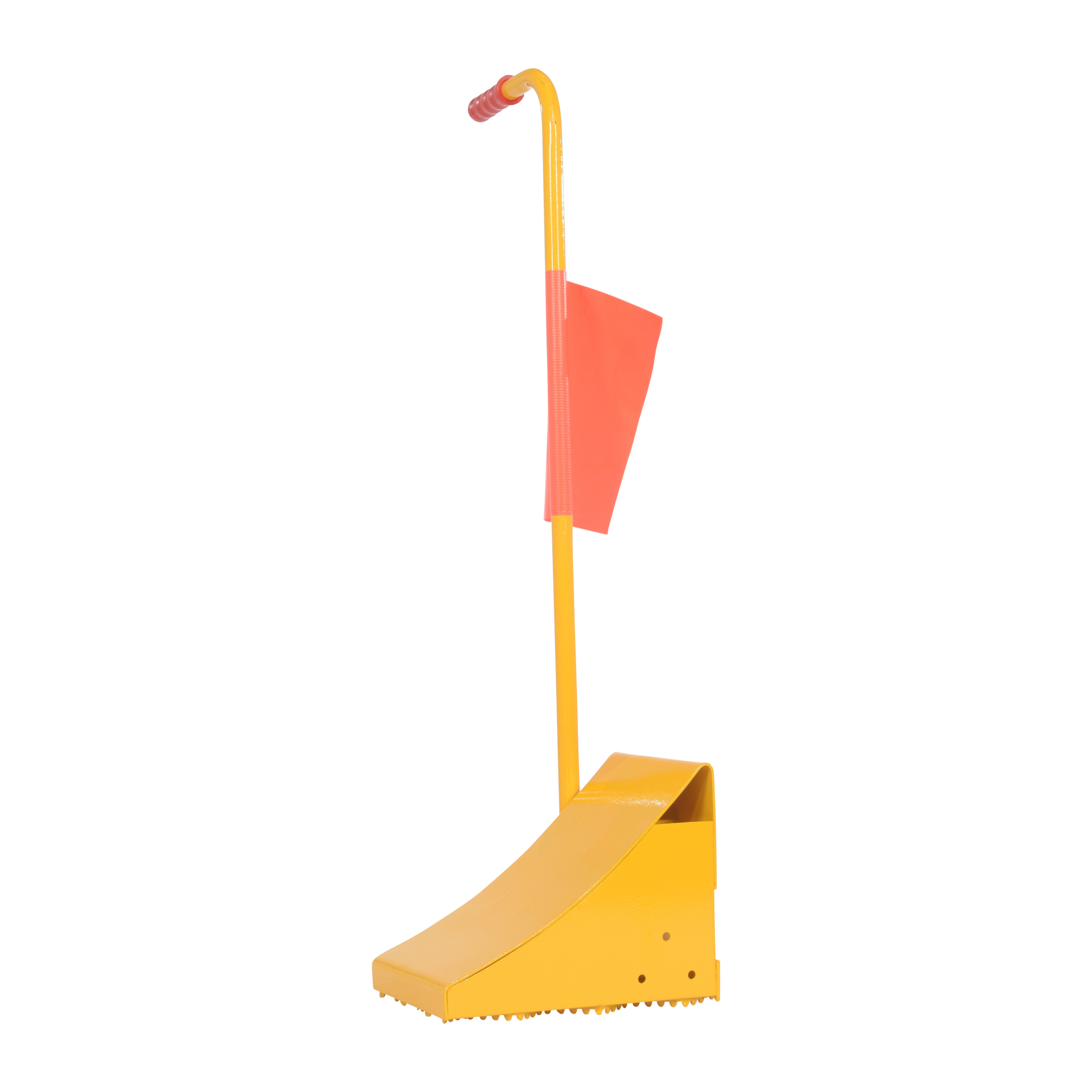 Vestil Steel Wheel Chock with Ergonomic Handle and Flag - 8in. Working Width, 9.125in. Height, Serrated Bottom, Yellow, Model# FAB-11-ERGO-FL
